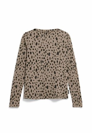 Chemise à manches longues beige avec motif léopard noir irrégulier, vue de dos sur fond blanc.