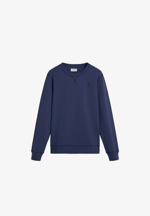 Granatowa bluza wykonana z bawełnianej tkaniny mieszanej, z okrągłym dekoltem, prążkowanymi mankietami i ściągaczem na dole, z małym logo na piersi.