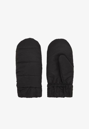 Fekete párnázott kesztyűk lekerekített formával és elasztikus mandzsettával. Simább textúra finom varrási részletekkel. Látható márkajelzés vagy díszítés nélkül.