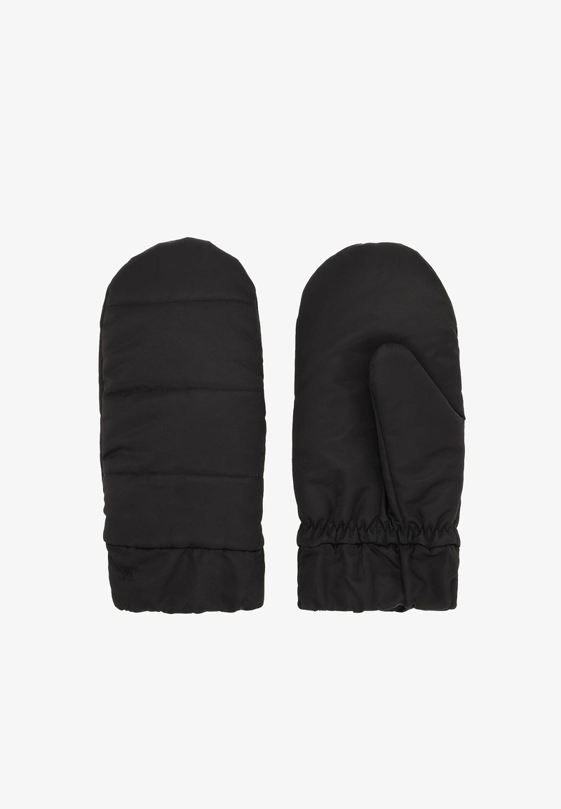 Moufles rembourrées noires avec une forme arrondie et des poignets élastiques. Texture lisse avec des détails de couture subtils. Pas de marque ni d'accents visibles.