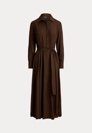 Long-sleeve brown shirt dress with front buttons, a collar, and a matching waist tie belt on a plain background.