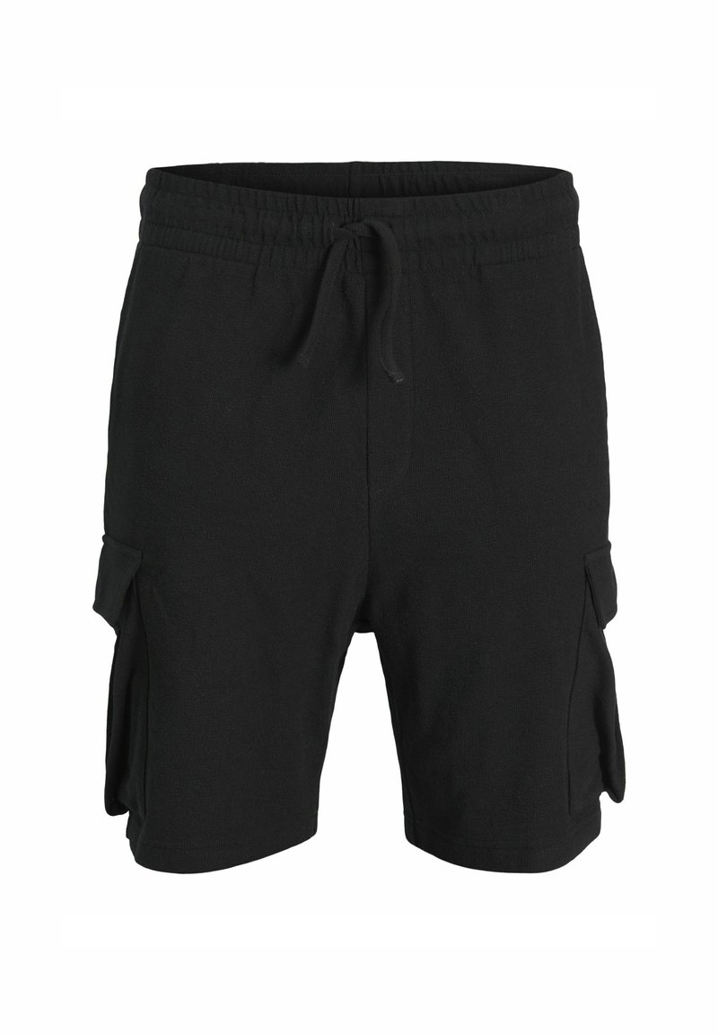 Bermudas negras de trabajo fabricadas con un tejido suave, con cinturilla elástica y cordón ajustable, y bolsillos laterales con solapa.