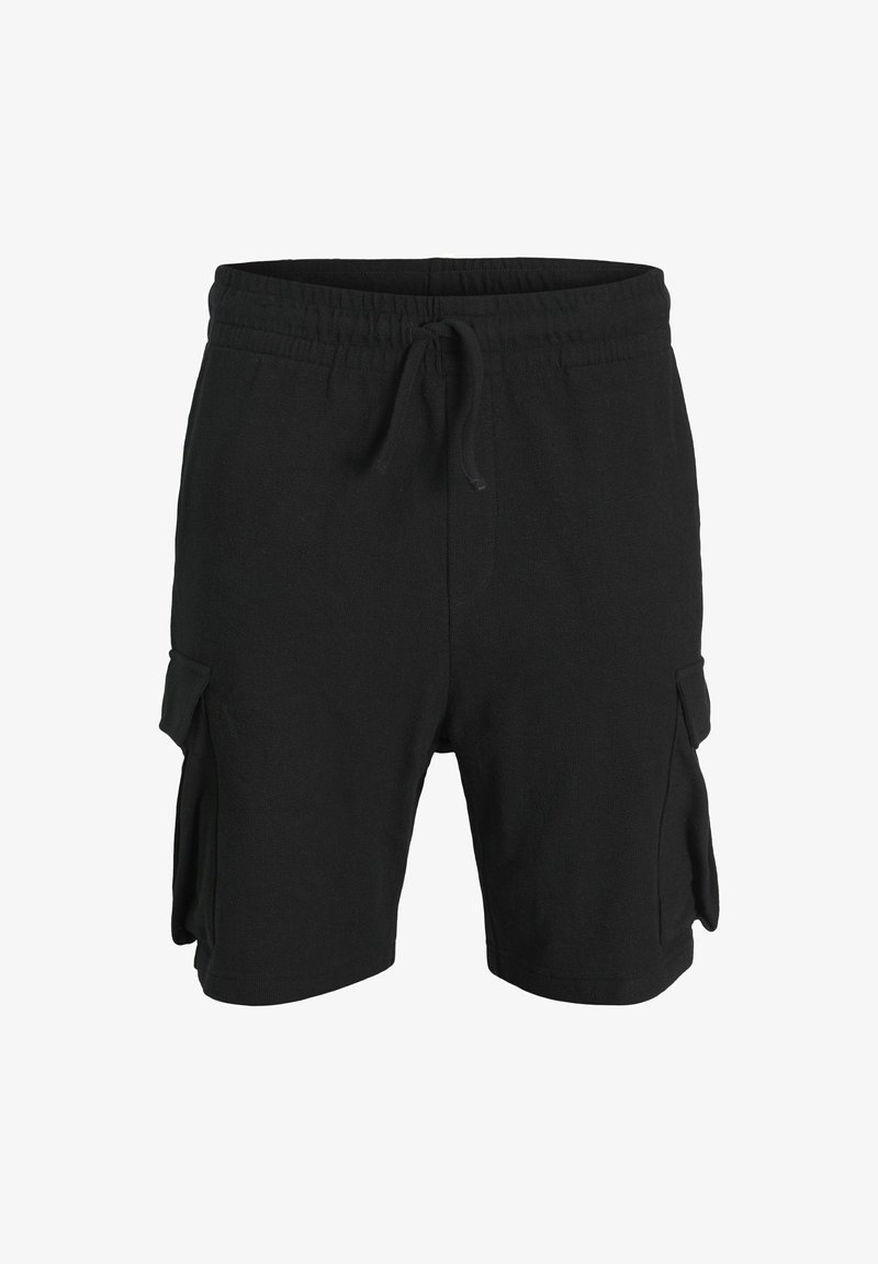 Black cargo shorts made from soft fabric, featuring an elastic waistband with drawstring, and side pockets with flaps.