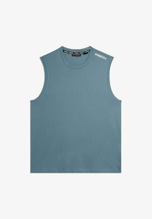 Maglia sportiva blu senza maniche con collo rotondo e logo "FREDDY" sulla spalla sinistra e all'interno del colletto.