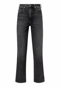 Jeans de denim negro con corte recto, costuras visibles en color contrastante, diseño de cinco bolsillos y un ligero desgastado en la tela.