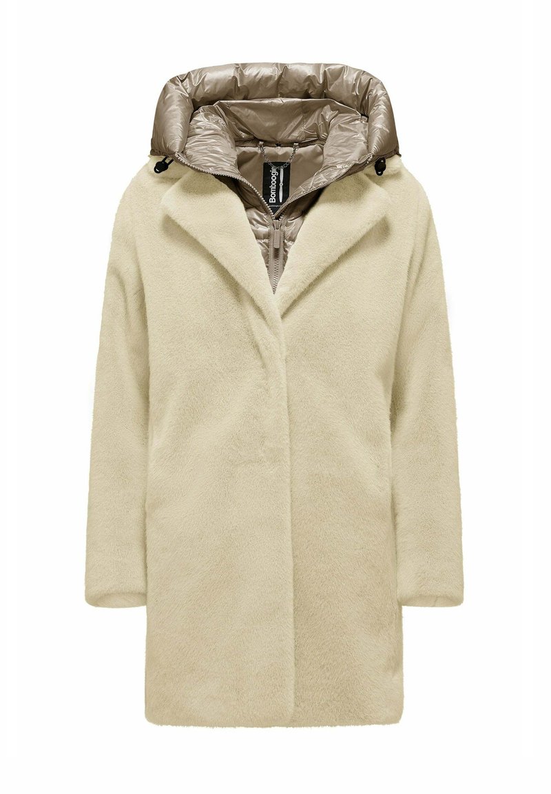 Cream-colored wool-blend coat with a plush texture and a detachable beige quilted puffer hood. Features a single-button closure and side pockets.