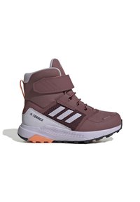 Mid-cut hiking boots in mauve with white stripes. Features Velcro strap, mesh panels, and textured black rubber sole with orange accents.
