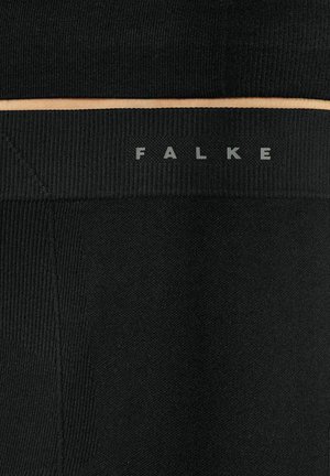 Czarne legginsy wykonane z miękkiego, teksturowanego materiału o dopasowanym kroju. Posiadają cienką beżową gumkę oraz logo "FALKE" w kolorze szarym.