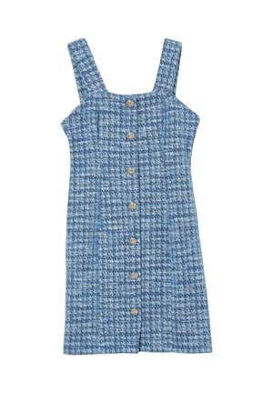 Abito blu a fantasia con scollatura quadrata, spalline larghe, chiusura frontale con bottoni e tessuto intrecciato texturizzato.