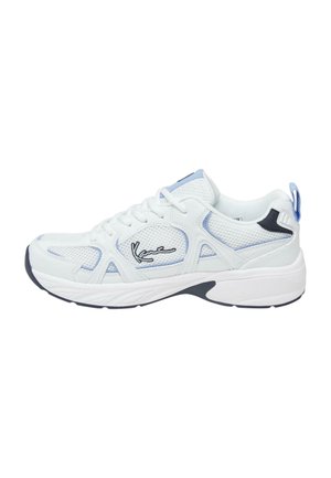 White and light blue sneaker with mesh upper, reinforced accents, lace closure, and thick rubber sole. Side logo detail is present.