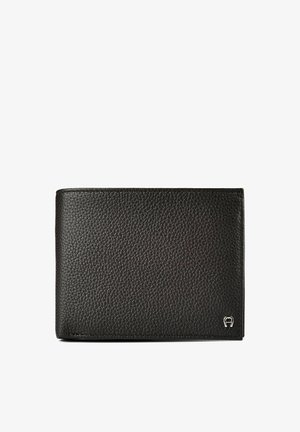 Black textured leather bifold wallet with small silver logo in the lower right corner, shown closed on white background.