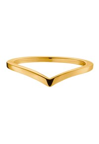 Anello tono oro con forma triangolare e superficie liscia e lucida. Presenta un design a V accentuato e uno stile minimalista, adatto per essere impilato.