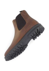 Braune Leder-Chelsea-Stiefel mit schwarzen elastischen Seitenteilen und texturiertem Gummisohle. Verfügt über eine robuste Sohle für besseren Halt.