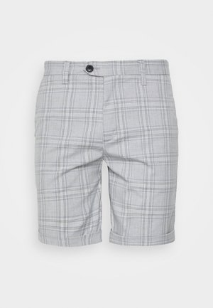 Shorts à carreaux gris clair avec fermeture par bouton et zip, passants de ceinture et ourlets pliés, présentés de face sur un fond uni.