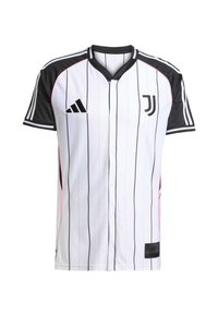 Maillot blanc à rayures verticales noires, manches courtes noires et ouverture à boutons à l'avant. Présente le logo Adidas et un emblème de club sur la poitrine.