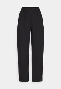 Black high-waisted trousers with a tailored design, featuring front pleats, a single button closure, and tapered legs with button accents at the cuffs.