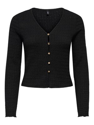 Cardigan noir texturé à manches longues avec col en V et six petits boutons dorés sur le devant, taille légèrement cintrée.