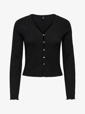 Svart teksturert cardigan med lange ermer, V-hals og seks små gullknapper midt foran, litt innsvingt i midjen.