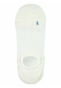 Calcetín de algodón blanco con diseño de corte bajo, que presenta una etiqueta azul con "L" en el puño y una sección de talón abierto para mayor transpirabilidad.