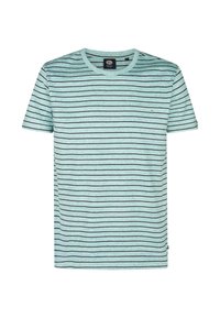 Mintgroen T-shirt met korte mouwen en horizontale marineblauwe strepen. Ronde halslijn en een klein logo op de borst. Zachte, gestructureerde stof.