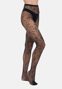 Black fishnet tights featuring a decorative floral pattern, high-waisted design, and open-toe style. Made from stretchy nylon material.