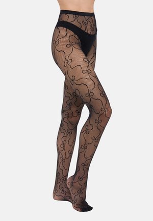 Collants en résille noirs avec un motif floral décoratif, taille haute et design ouvert au niveau des orteils. Fabriqués en un matériau en nylon extensible.
