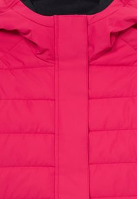 Ροζ μόνωτη ζακέτα με ραφές, ψηλό γιακά και ασφαλή μπροστινή κλείσιμο. Λείο εξωτερικό υφή με επενδεδυμένα τμήματα.