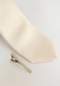 Hellbeige Krawatte aus strukturiertem Stoff, kombiniert mit einer silbernen Krawattenklammer mit linearer Gestaltung und kleinen, erhabenen metallischen Akzenten.