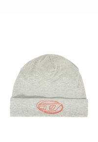 Berretto a maglia grigio con risvolto e superficie liscia, decorato con un logo arancione ricamato sulla parte anteriore.