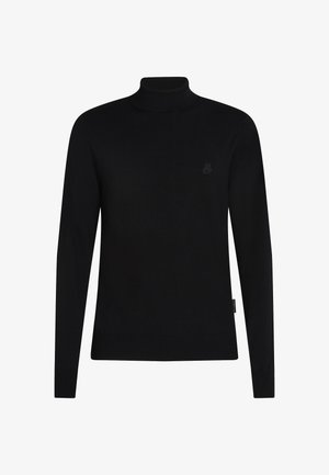 Pulover negru cu guler înalt dintr-un material tricotat, cu mâneci lungi; are manșete și tiv din material cu textură răsucită; logo mic și subtil pe piept.