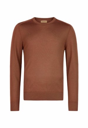 Herrenpullover mit langen Ärmeln und Rundhalsausschnitt in einfarbigem Braun mit gerippten Bündchen an Ärmeln und Saum, dargestellt vor weißem Hintergrund.