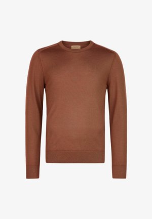 Herrenpullover mit langen Ärmeln und Rundhalsausschnitt in einfarbigem Braun mit gerippten Bündchen an Ärmeln und Saum, dargestellt vor weißem Hintergrund.
