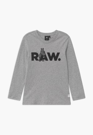 Gray long-sleeve shirt with black "RAW." text across the chest and a small silhouette of a person hanging from the letter A.