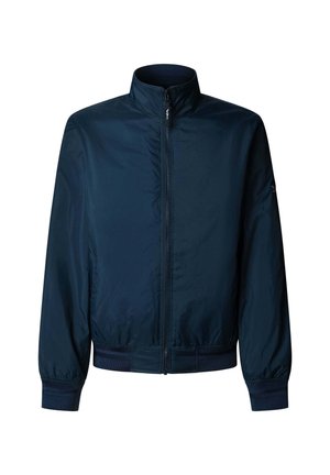 Chaqueta bomber azul marino con cuello alto, cremallera completa y puños elásticos. Fabricada con tejido liso y ligero, de corte holgado.