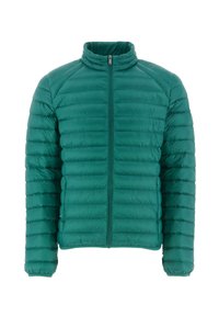 Groene pufferjack met een hoge kraag, horizontaal gewatteerd design, volledige voorknoopsluiting en elastische manchet. Gladde, lichte textuur.
