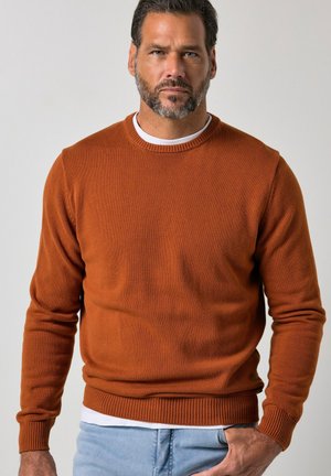 Mand med kort mørkt hår og skæg iført rustorange sweater over hvid skjorte og lyseblå jeans stående mod en ensfarvet baggrund.