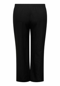 Juodos trumpintos kelnės su elastinga juosmeniu, turinčios tekstūruotą audinį ir laisvą kirpimą, tinkamos neformaliai aprangai.