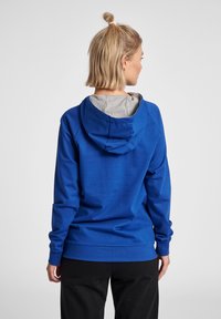 Blauwe hoodie met een grijze binnenvoering. Voorzien van een relaxte pasvorm, lange mouwen en een capuchon met trekkoord. Gladde textuur en eenvoudig ontwerp.