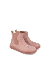 Botas de tobillo rosas con patrones de estrellas, paneles laterales elásticos y lengüetas de agarre. Fabricadas con material texturizado y suela de goma.