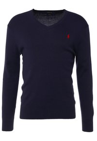 Marineblå V-ringad långärmad tröja med en liten röd Polo Ralph Lauren-logotyp broderad på bröstet.