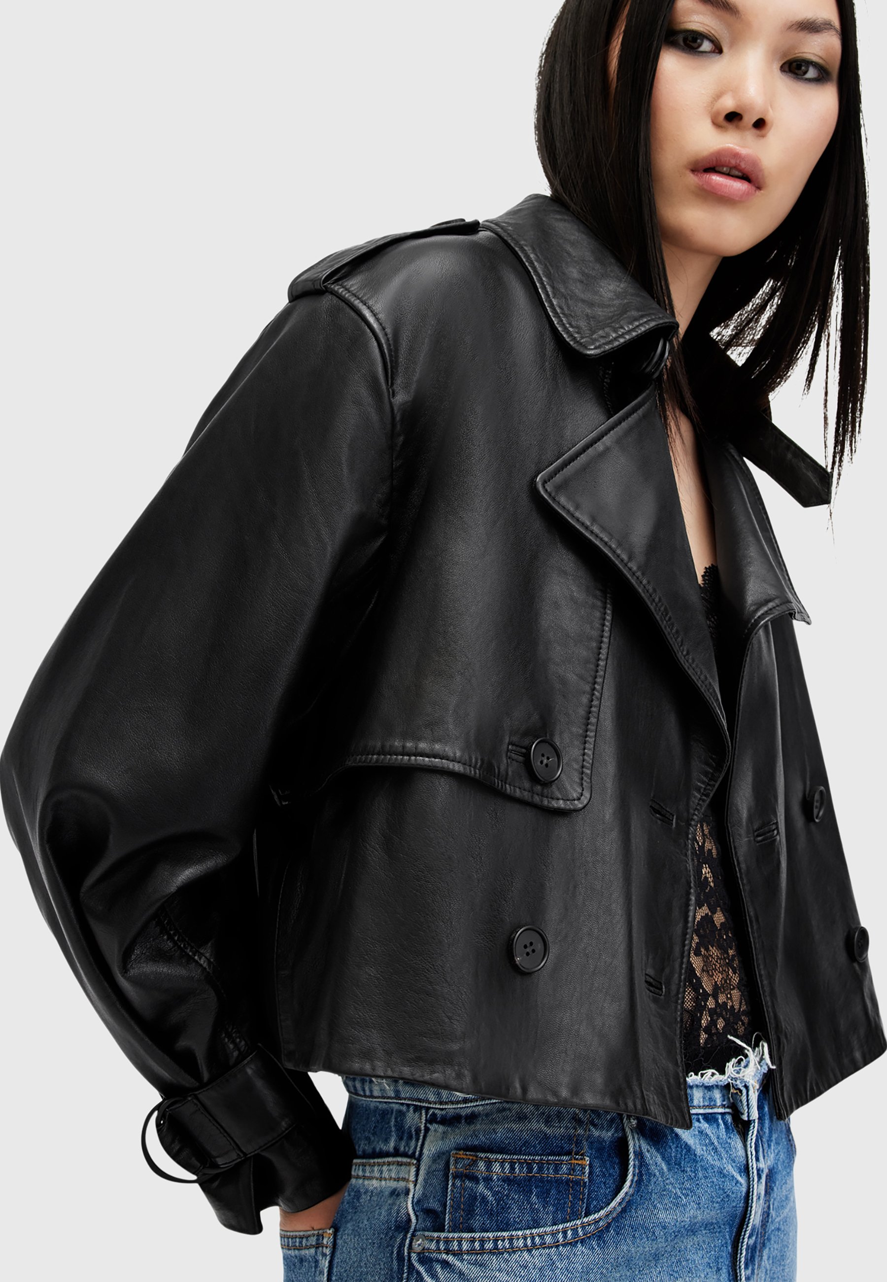 AllSaints HENDRY CROP - Kurtka skórzana/czarny - Zalando.pl