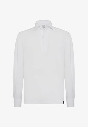 Polo shirt bianco a maniche lunghe con colletto, dotato di una chiusura a tre bottoni e di una piccola etichetta del marchio sul lato. Tessuto morbido.