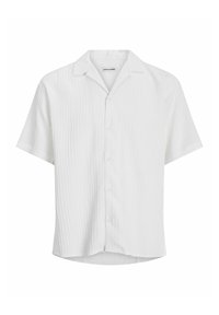 Camicia bianca a maniche corte con bottoni, caratterizzata da una sottile texture verticale e un colletto aperto casual.