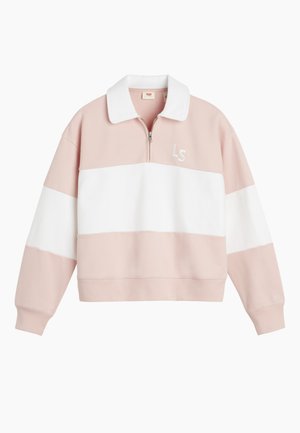 Lys rosa og hvit kort pullover med glidelås i kragen, med en fargeblokkdesign og brodert "LS"-logo på brystet.