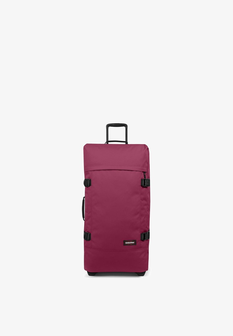 Sac de sport à roulettes violet avec une poignée supérieure, des sangles ajustables et un compartiment zippé. Fabriqué en tissu durable, il présente une texture lisse.