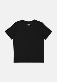 Camiseta de algodón negra con mangas cortas, que presenta un cuello redondo y un pequeño logotipo blanco bordado en el centro de la parte posterior.