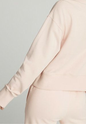 Sudadera rosa claro con un corte holgado, puños y dobladillo acanalados, confeccionada con un material suave. Detalles de costuras visibles en la parte trasera.