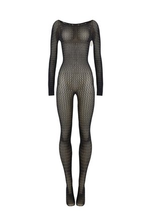 Zwarte volledige visnet-body met lange mouwen, ronde halslijn en met voeten bedekte pijpen.