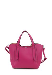 Roze lederen handtas met een gestructureerde afwerking, twee tote handvatten en een verstelbare schouderriem. Heeft ronde hoeken en een zilveren accent.