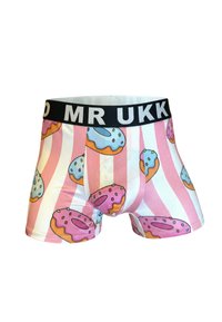 Herren-Boxershorts mit pink-weißen vertikalen Streifen, verziert mit Cartoon-Donuts in Blau und Pink mit Zuckerguss, und einem schwarzen Bund mit weißen Buchstaben.